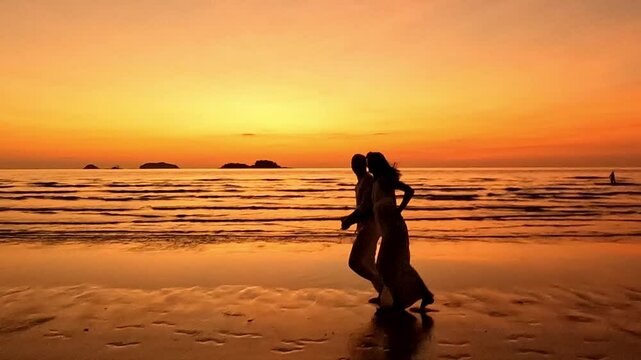 silhouette couple running on the beach as the sun sets.The beach is very romantic