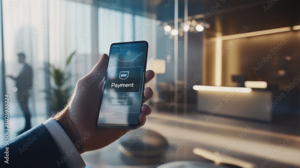 Poster a hand holding a smartphone displaying a payment interface in a modern office setting.