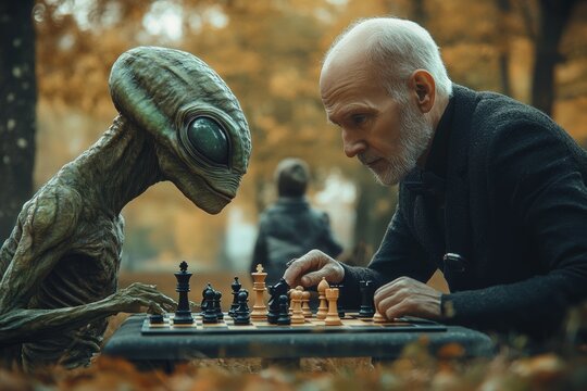 Man is playing chess with a small alien. The alien is wearing a hat and is sitting on a table. middle aged male in a park playing chess with a green alien