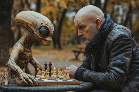 Man is playing chess with a small alien. The alien is wearing a hat and is sitting on a table. middle aged male in a park playing chess with a green alien
