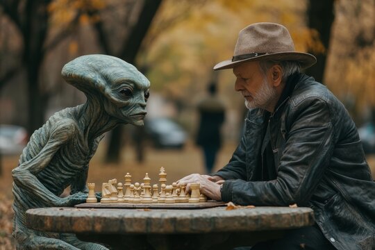Man is playing chess with a small alien. The alien is wearing a hat and is sitting on a table. middle aged male in a park playing chess with a green alien