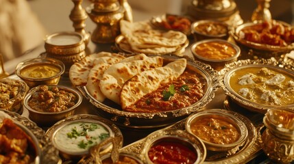 A vibrant spread of traditional Indian food, featuring a variety of curries, naan bread, and colorful chutneys, served in brass bowls with ornate detailing
