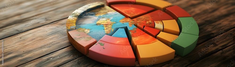 Poster a colorful pie chart showcasing the world map, symbolizing global data analysis and insights on a wo