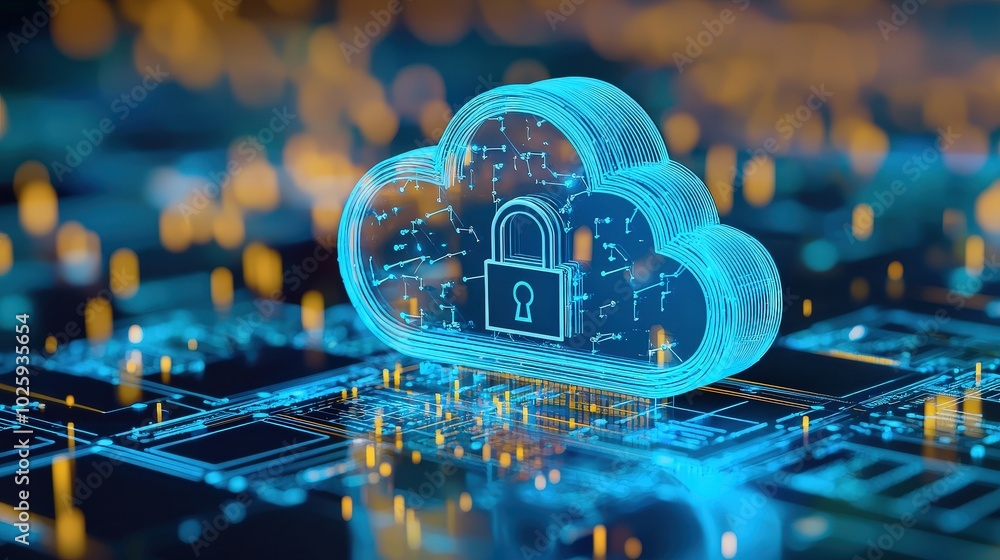 Poster a visual representation of cloud security featuring a lock symbol, highlighting the concepts of data