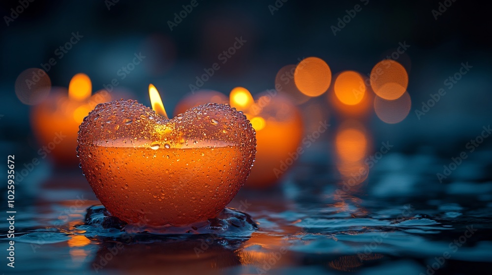Poster glowing display of heartshaped candles illuminates a blurred background with shimmering bokeh lights