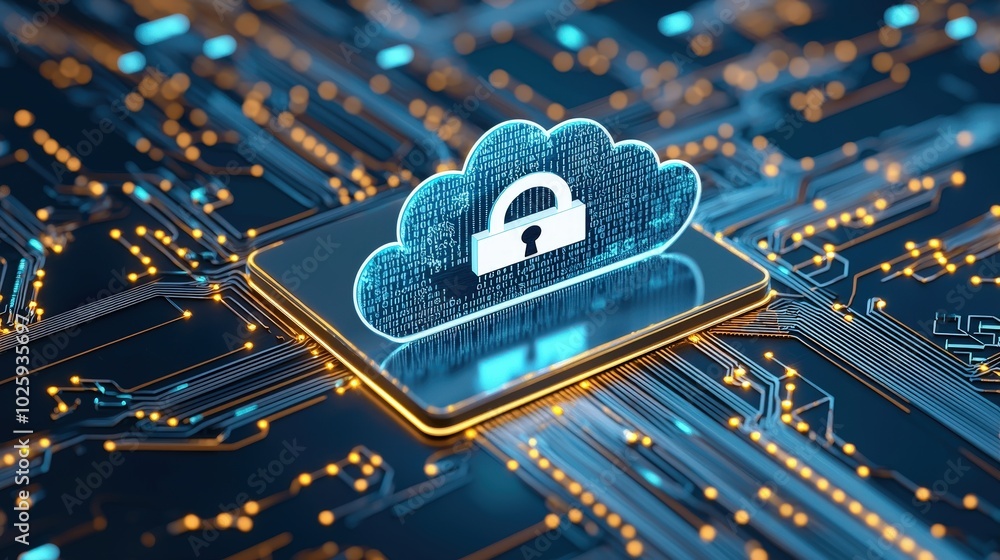 Poster this image illustrates a secure cloud computing concept featuring a lock symbol on a digital circuit