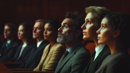 A group of diverse individuals seated in a formal setting, appearing engaged and contemplative.