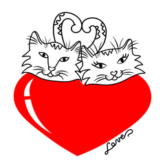 Cartoon white cats with red heart