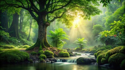 Obraz premium Lush jungle greenery surrounds a sunlit tree, while a gentle stream flows, capturing the essence of vibrant nature in this breathtaking photography scene.