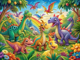 Obraz premium Colorful Cartoon Dinosaurs with Trees and Rainbows for Kids' Posters – Fun and Whimsical Illustrations
