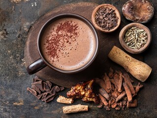 A warm mug of hot chocolate with adaptogens, featuring ingredients like reishi, ashwagandha, and cacao, designed for both flavor and health benefits