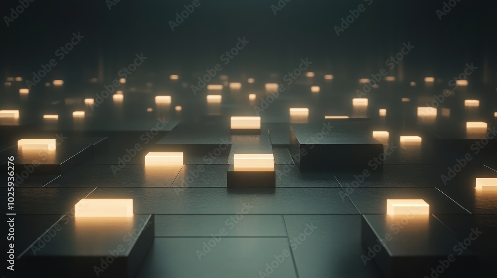 Poster a dimly lit space filled with glowing blocks, creating a serene and futuristic atmosphere.