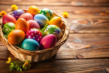 Colorful Easter Eggs in a Basket on Table - Vibrant Spring Decor for Celebrations