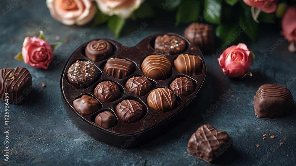 Poster Heartshaped chocolate box partially open with exquisite chocolates visible adorned with elegant roses around it and plenty of empty space for advertisement on a simple minimalistic background