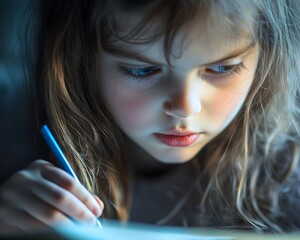 A focused young girl intensely writing, illuminated by soft light, showcasing creativity and concentration in a serene setting.