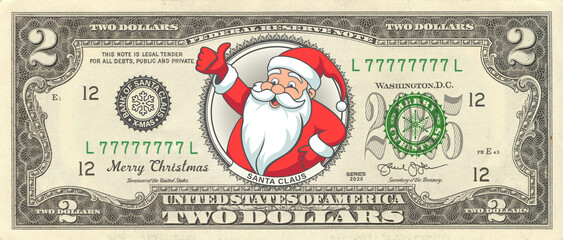 Illustration. Lucky USA 2 dollars bill. Jolly cartoon Santa Claus. Merry Christmas. Toon holiday money. Two.