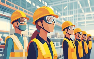 A group of diverse workers in safety gear standing confidently in a modern warehouse, emphasizing teamwork and safety.