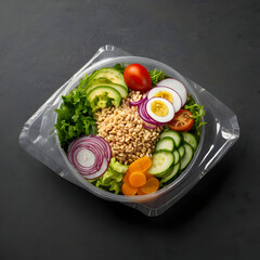 Healthy food delivery featuring a fresh salad with grains, presented in sustainable packaging,