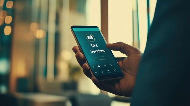 A hand holding a smartphone displaying a tax services app interface.