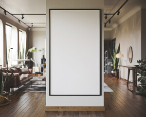Mock up frame in white home interior background, bright room with minimal decor