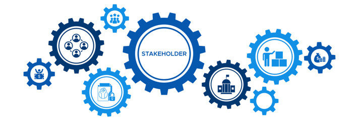 Vector Illustration for Stakeholder Relationship Banner Featuring Icons for Investors, Government, Community, Suppliers, and Trade Unions