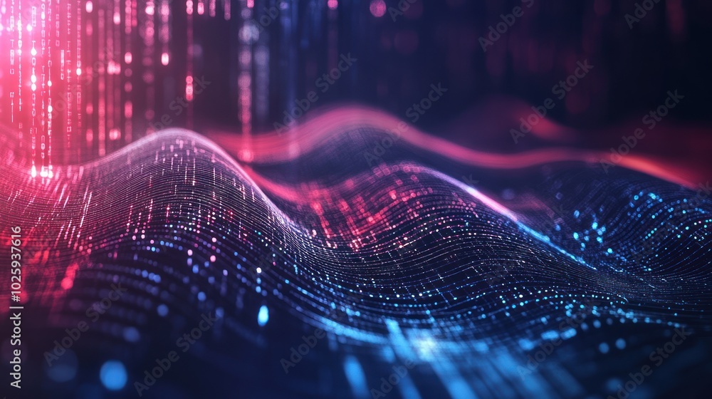 Poster an abstract data technology background with swirling, glowing lines and geometric patterns, giving a