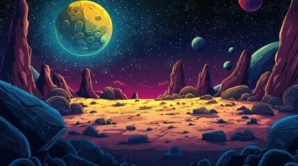 A Martian Landscape with a Yellow and Green Planet in the Distance