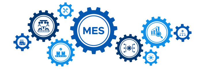 Manufacturing Execution System (MES) Banner Vector Concept with Icons for Factory Automation, Production Management, Distribution, and Analysis