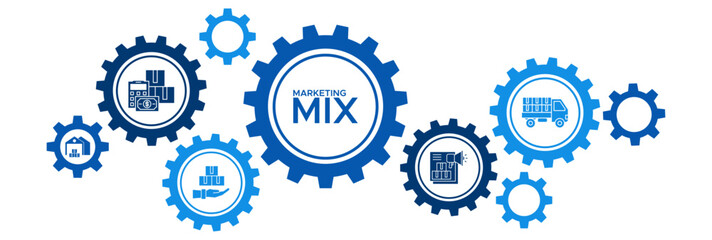 4P Marketing Mix Banner Vector Concept Highlighting Product, Price, Place, and Promotion Strategies with Icons