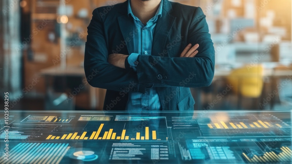 Poster a business professional stands confidently over a digital display of data analytics.
