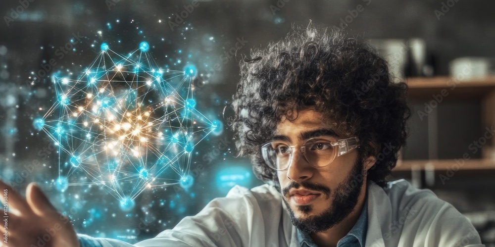 Poster a scientist interacts with a digital representation of molecular structures.