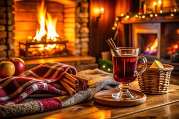 Cozy Fireplace Scene with Mulled Wine - Perfect for a Relaxing Evening