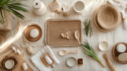 An eco-friendly summer setup, with sustainable materials and natural elements, perfect for promoting green lifestyle products or eco-conscious travel experiences.