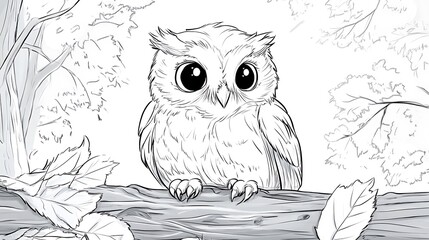 Fototapeta premium A cute owl with big round eyes sitting on a low branch, surrounded by minimal leaves and simple tree silhouettes, bold lines, low details, no shading, child-friendly design --ar 16:9 --sref https://s.