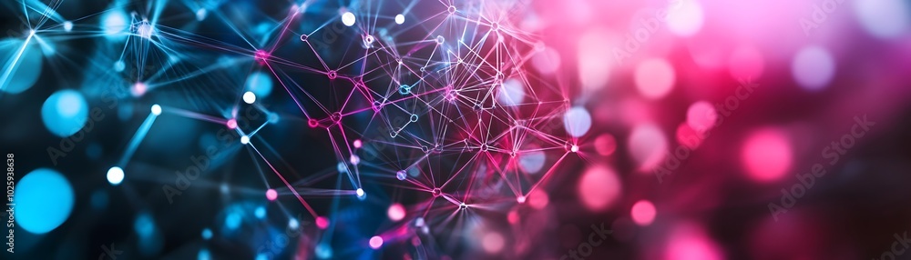 Poster a vibrant abstract digital background showcasing interconnected lines and glowing dots in pink and b