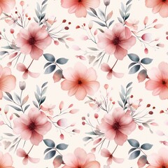 A delicate floral pattern featuring soft pink blooms and green leaves against a light background, perfect for textiles or decor.