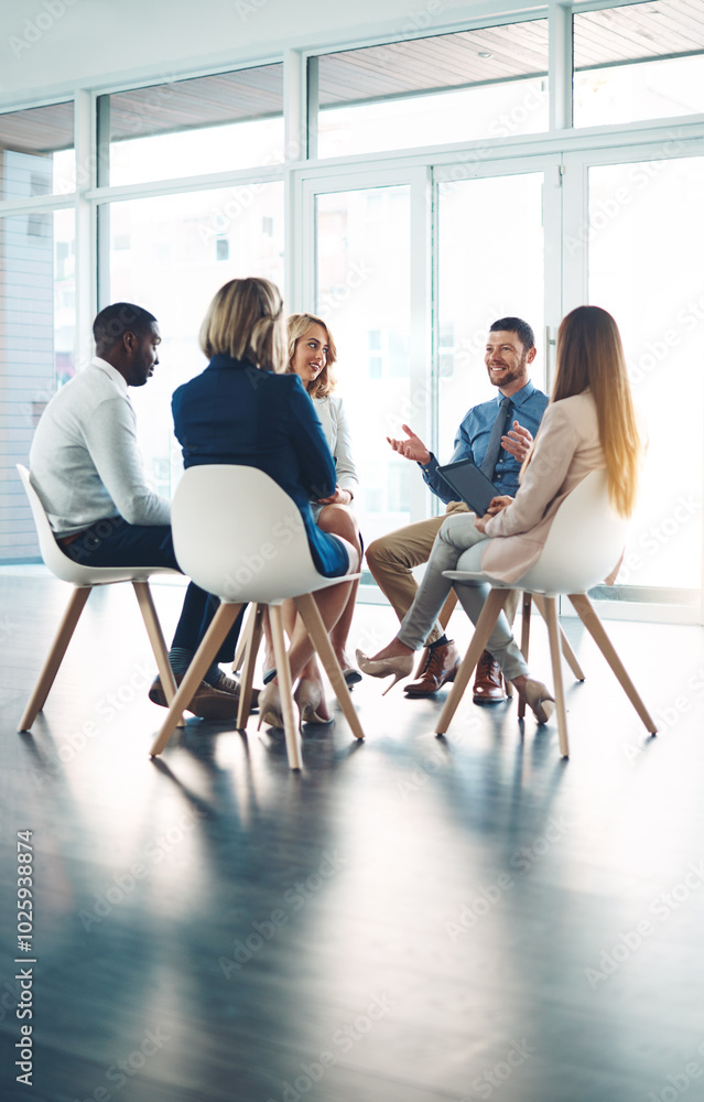 Poster coaching, team building and workshop with business people in office for support, training or equalit