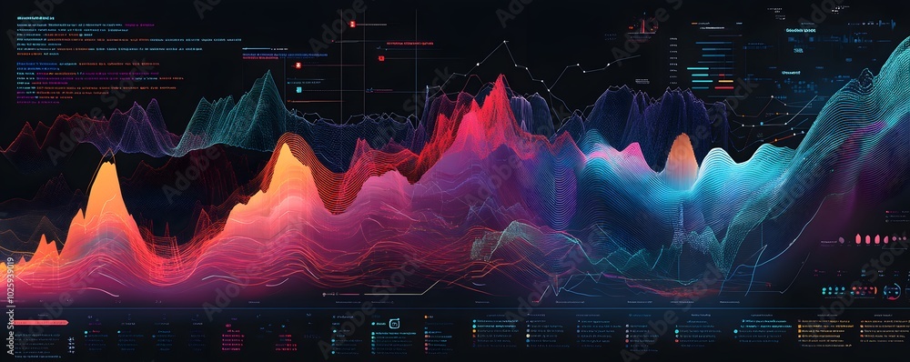 Poster a vibrant digital abstract representation of data trends with colorful waveforms, ideal for tech and