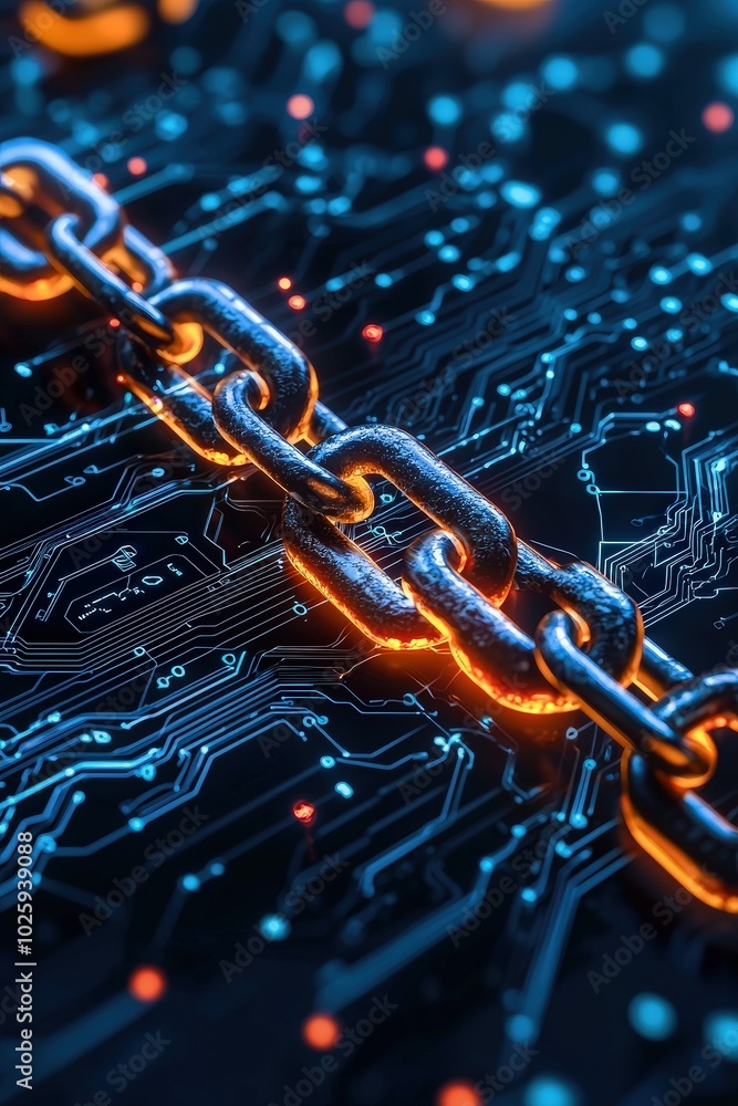 Poster a close-up view of a digital chain link glowing in orange against a blue circuit board background, s
