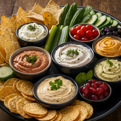 An assortment of dips and snacks presented together, featuring various flavors