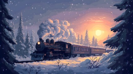 Vintage Pixel Art Train in Winter Landscape