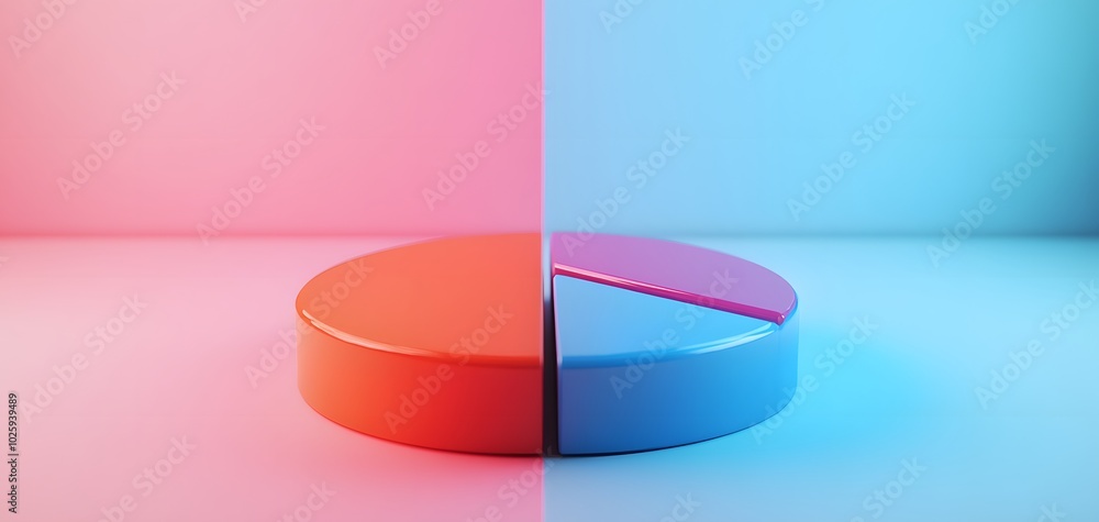Poster a visually striking pie chart split into pink and blue sections, representing data visualization and