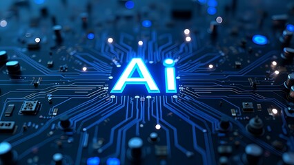 Futuristic tech scene with glowing neon AI chip thin circuits and onboard semiconductor