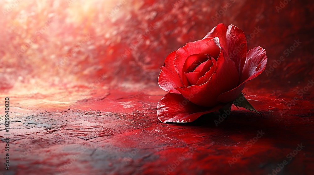 Poster lone rose petal resting on an abstract canvas of vivid red and soft pink hues with flowing textures 