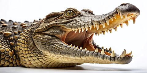 Obraz premium Crocodile Open Mouth Isolated on White Background - High Depth of Field Image for Nature and Wildlife Projects