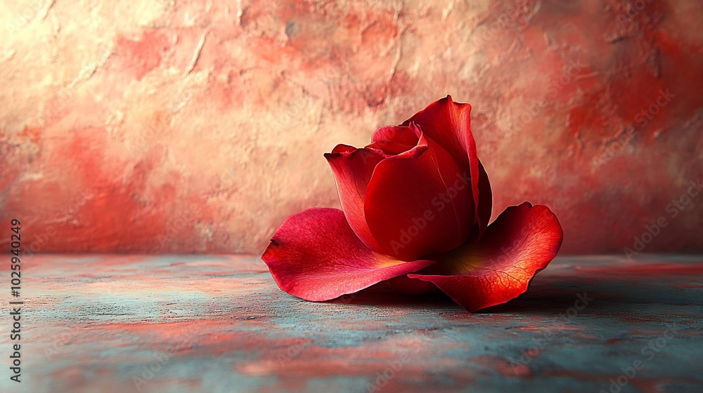 Aufkleber lone rose petal resting on an abstract canvas of vivid red and soft pink hues with flowing textures 
