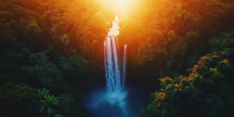 Fototapeta premium Sunset Colors on a Jungle Waterfall in Autumn