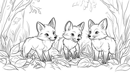 Obraz premium A family of foxes exploring the forest floor, with one fox looking up curiously, surrounded by simple bushes and fallen leaves, bold lines, low details, no shading, child-friendly design,