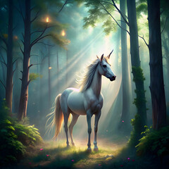 Naklejka premium A unicorn stands gracefully in an enchanted forest