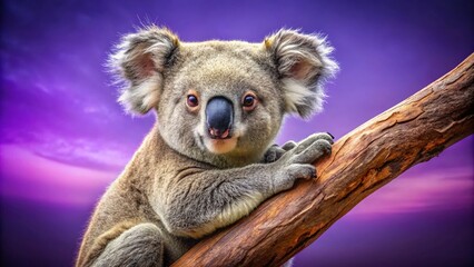Fototapeta premium Cuddly Koala Clinging to Branch on Vibrant Purple Background - High Dynamic Range Image